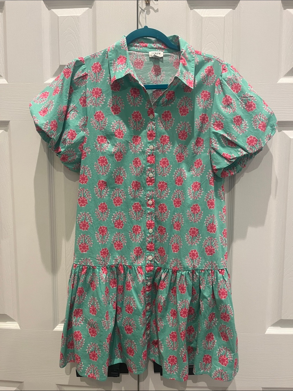 J. Crew Teal Dress with Pink Floral Print
